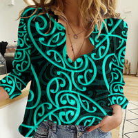New Zealand Women Casual Shirt Maori Pattern Turquoise LT6 Female Green - Polynesian Pride