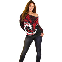 New Zealand Off Shoulder Sweater Maori With Silver Fern Red LT6 - Polynesian Pride