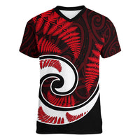 New Zealand Women V Neck T Shirt Maori With Silver Fern Red LT6 Female Red - Polynesian Pride