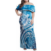 World Ocean Day Polynesian Pattern Family Matching Off Shoulder Maxi Dress and Hawaiian Shirt Crystal Waves