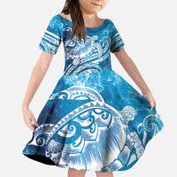 World Ocean Day Polynesian Pattern Family Matching Puletasi and Hawaiian Shirt Crystal Waves LT7 Daughter's Dress Blue - Polynesian Pride