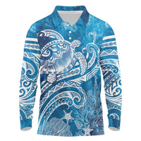World Ocean Day Polynesian Pattern Long Sleeve Polo Shirt Crystal Waves LT7 Blue - Polynesian Pride