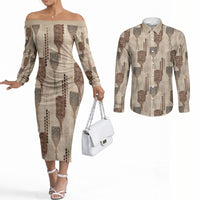 Aloha Hawaii Vintage Kahili Pa'a Lima Couples Matching Off The Shoulder Long Sleeve Dress and Long Sleeve Button Shirt Palaka Print Cozy Beige