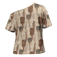 Aloha Hawaii Vintage Kahili Pa'a Lima Cross Shoulder Shirt Palaka Print Cozy Beige