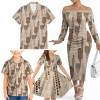 Aloha Hawaii Vintage Kahili Pa'a Lima Family Matching Off The Shoulder Long Sleeve Dress and Hawaiian Shirt Palaka Print Cozy Beige