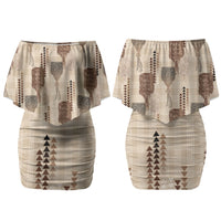 Aloha Hawaii Vintage Kahili Pa'a Lima Family Matching Off Shoulder Short Dress and Hawaiian Shirt Palaka Print Cozy Beige LT7 Mom's Dress Beige - Polynesian Pride