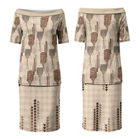 Aloha Hawaii Vintage Kahili Pa'a Lima Family Matching Puletasi and Hawaiian Shirt Palaka Print Cozy Beige LT7 Mom's Dress Beige - Polynesian Pride