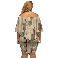 Aloha Hawaii Vintage Kahili Pa'a Lima Off Shoulder Short Dress Palaka Print Cozy Beige