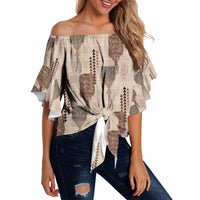 Aloha Hawaii Vintage Kahili Pa'a Lima Off Shoulder Wrap Waist Top Palaka Print Cozy Beige LT7 - Polynesian Pride
