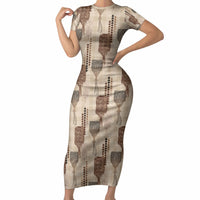 Aloha Hawaii Vintage Kahili Pa'a Lima Short Sleeve Bodycon Dress Palaka Print Cozy Beige LT7 Long Dress Beige - Polynesian Pride