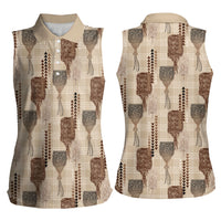Aloha Hawaii Vintage Kahili Pa'a Lima Women Sleeveless Polo Shirt Palaka Print Cozy Beige