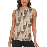 Aloha Hawaii Vintage Kahili Pa'a Lima Women Sleeveless Polo Shirt Palaka Print Cozy Beige