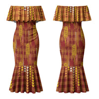 Aloha Hawaii Vintage Kahili Pa'a Lima Couples Matching Mermaid Dress and Hawaiian Shirt Palaka Print Hilo Royal Red-Yellow