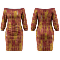 Aloha Hawaii Vintage Kahili Pa'a Lima Couples Matching Off The Shoulder Long Sleeve Dress and Hawaiian Shirt Palaka Print Hilo Royal Red-Yellow