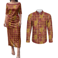 Aloha Hawaii Vintage Kahili Pa'a Lima Couples Matching Puletasi and Long Sleeve Button Shirt Palaka Print Hilo Royal Red-Yellow