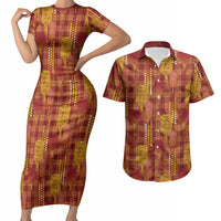 Aloha Hawaii Vintage Kahili Pa'a Lima Couples Matching Short Sleeve Bodycon Dress and Hawaiian Shirt Palaka Print Hilo Royal Red-Yellow LT7 Red - Polynesian Pride