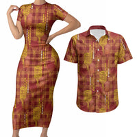 Aloha Hawaii Vintage Kahili Pa'a Lima Couples Matching Short Sleeve Bodycon Dress and Hawaiian Shirt Palaka Print Hilo Royal Red-Yellow