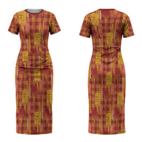 Aloha Hawaii Vintage Kahili Pa'a Lima Couples Matching Short Sleeve Bodycon Dress and Long Sleeve Button Shirt Palaka Print Hilo Royal Red-Yellow