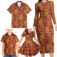Aloha Hawaii Vintage Kahili Pa'a Lima Family Matching Long Sleeve Bodycon Dress and Hawaiian Shirt Palaka Print Hilo Royal Red-Yellow LT7 - Polynesian Pride