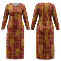Aloha Hawaii Vintage Kahili Pa'a Lima Family Matching Long Sleeve Bodycon Dress and Hawaiian Shirt Palaka Print Hilo Royal Red-Yellow LT7 Mom's Dress Red - Polynesian Pride