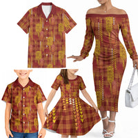 Aloha Hawaii Vintage Kahili Pa'a Lima Family Matching Off The Shoulder Long Sleeve Dress and Hawaiian Shirt Palaka Print Hilo Royal Red-Yellow