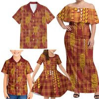 Aloha Hawaii Vintage Kahili Pa'a Lima Family Matching Off Shoulder Maxi Dress and Hawaiian Shirt Palaka Print Hilo Royal Red-Yellow LT7 - Polynesian Pride