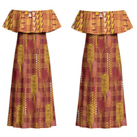 Aloha Hawaii Vintage Kahili Pa'a Lima Family Matching Off Shoulder Maxi Dress and Hawaiian Shirt Palaka Print Hilo Royal Red-Yellow LT7 Mom's Dress Red - Polynesian Pride
