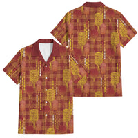 Aloha Hawaii Vintage Kahili Pa'a Lima Family Matching Off Shoulder Short Dress and Hawaiian Shirt Palaka Print Hilo Royal Red-Yellow LT7 Dad's Shirt - Short Sleeve Red - Polynesian Pride
