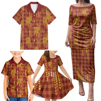 Aloha Hawaii Vintage Kahili Pa'a Lima Family Matching Puletasi and Hawaiian Shirt Palaka Print Hilo Royal Red-Yellow LT7 - Polynesian Pride