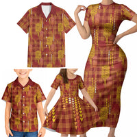 Aloha Hawaii Vintage Kahili Pa'a Lima Family Matching Short Sleeve Bodycon Dress and Hawaiian Shirt Palaka Print Hilo Royal Red-Yellow