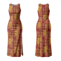 Aloha Hawaii Vintage Kahili Pa'a Lima Family Matching Tank Maxi Dress and Hawaiian Shirt Palaka Print Hilo Royal Red-Yellow LT7 Mom's Dress Red - Polynesian Pride