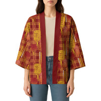 Aloha Hawaii Vintage Kahili Pa'a Lima Kimono Palaka Print Hilo Royal Red-Yellow