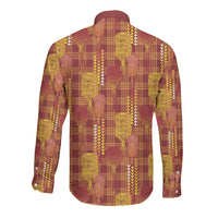 Aloha Hawaii Vintage Kahili Pa'a Lima Long Sleeve Button Shirt Palaka Print Hilo Royal Red-Yellow