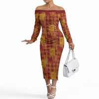 Aloha Hawaii Vintage Kahili Pa'a Lima Off The Shoulder Long Sleeve Dress Palaka Print Hilo Royal Red-Yellow LT7 Women Red - Polynesian Pride