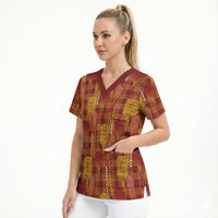 Aloha Hawaii Vintage Kahili Pa'a Lima Scrub Top Palaka Print Hilo Royal Red-Yellow