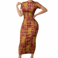 Aloha Hawaii Vintage Kahili Pa'a Lima Short Sleeve Bodycon Dress Palaka Print Hilo Royal Red-Yellow LT7 Long Dress Red - Polynesian Pride