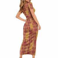 Aloha Hawaii Vintage Kahili Pa'a Lima Short Sleeve Bodycon Dress Palaka Print Hilo Royal Red-Yellow LT7 - Polynesian Pride