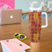 Aloha Hawaii Vintage Kahili Pa'a Lima Tumbler With Handle Palaka Print Hilo Royal Red-Yellow