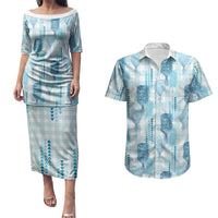 Aloha Hawaii Vintage Kahili Pa'a Lima Couples Matching Puletasi and Hawaiian Shirt Palaka Print Oceanic Turquoise