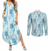 Aloha Hawaii Vintage Kahili Pa'a Lima Couples Matching Summer Maxi Dress and Long Sleeve Button Shirt Palaka Print Oceanic Turquoise