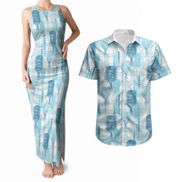 Aloha Hawaii Vintage Kahili Pa'a Lima Couples Matching Tank Maxi Dress and Hawaiian Shirt Palaka Print Oceanic Turquoise