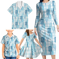 Aloha Hawaii Vintage Kahili Pa'a Lima Family Matching Long Sleeve Bodycon Dress and Hawaiian Shirt Palaka Print Oceanic Turquoise LT7 - Polynesian Pride