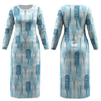 Aloha Hawaii Vintage Kahili Pa'a Lima Family Matching Long Sleeve Bodycon Dress and Hawaiian Shirt Palaka Print Oceanic Turquoise LT7 Mom's Dress Turquoise - Polynesian Pride