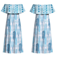 Aloha Hawaii Vintage Kahili Pa'a Lima Family Matching Off Shoulder Maxi Dress and Hawaiian Shirt Palaka Print Oceanic Turquoise LT7 Mom's Dress Turquoise - Polynesian Pride