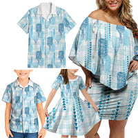 Aloha Hawaii Vintage Kahili Pa'a Lima Family Matching Off Shoulder Short Dress and Hawaiian Shirt Palaka Print Oceanic Turquoise LT7 - Polynesian Pride