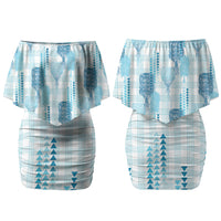 Aloha Hawaii Vintage Kahili Pa'a Lima Family Matching Off Shoulder Short Dress and Hawaiian Shirt Palaka Print Oceanic Turquoise LT7 Mom's Dress Turquoise - Polynesian Pride