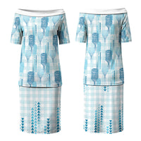 Aloha Hawaii Vintage Kahili Pa'a Lima Family Matching Puletasi and Hawaiian Shirt Palaka Print Oceanic Turquoise LT7 Mom's Dress Turquoise - Polynesian Pride