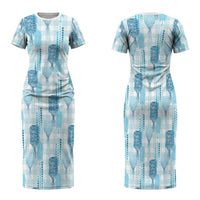 Aloha Hawaii Vintage Kahili Pa'a Lima Family Matching Short Sleeve Bodycon Dress and Hawaiian Shirt Palaka Print Oceanic Turquoise LT7 Mom's Dress Turquoise - Polynesian Pride