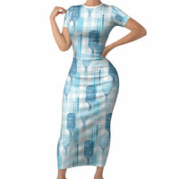 Aloha Hawaii Vintage Kahili Pa'a Lima Short Sleeve Bodycon Dress Palaka Print Oceanic Turquoise LT7 Long Dress Turquoise - Polynesian Pride