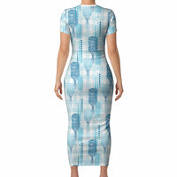 Aloha Hawaii Vintage Kahili Pa'a Lima Short Sleeve Bodycon Dress Palaka Print Oceanic Turquoise